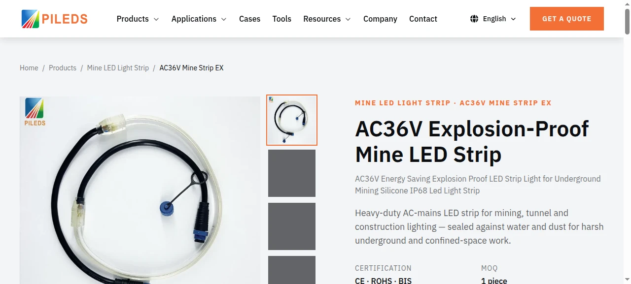 Product page for an explosion-proof AC36V mine strip listing CE, RoHS and BIS, none of which is an Ex certificate