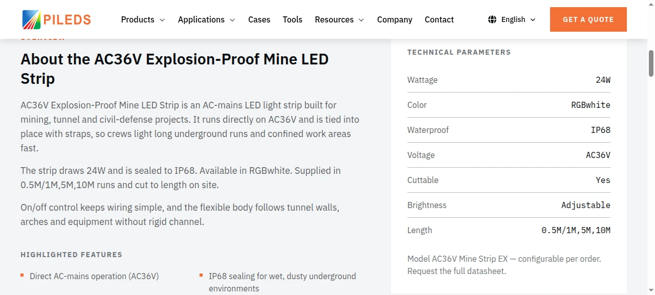 Product page specification table listing IP68 waterproofing and AC36V for the AC36V mine strip