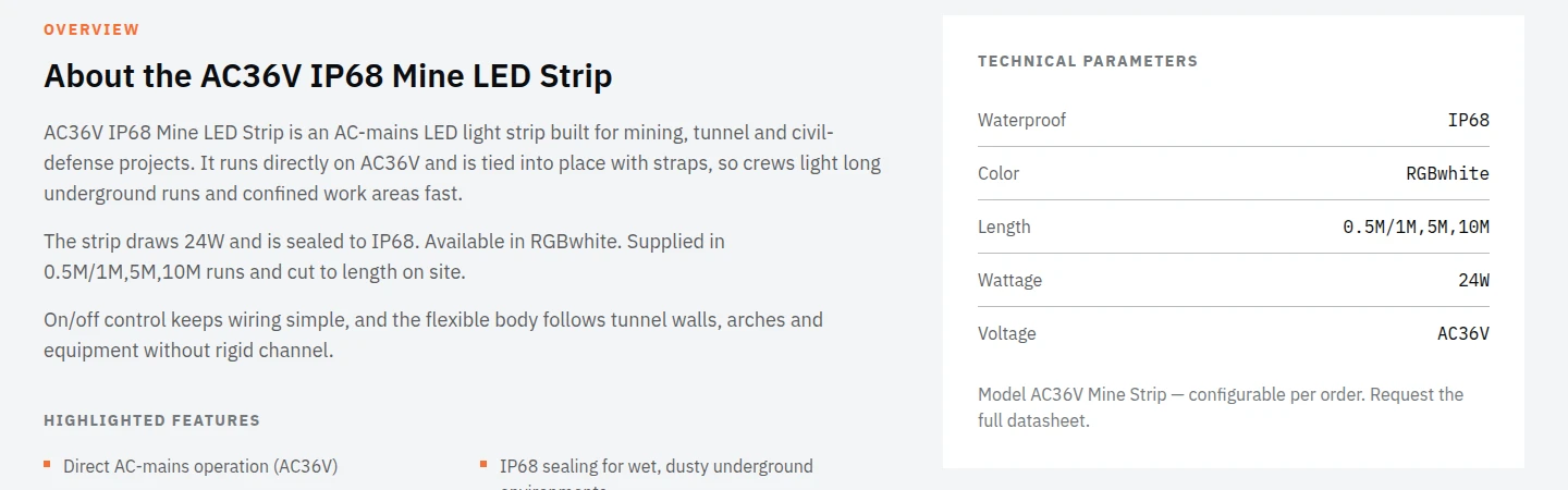 The AC36V mine strip specification block on the product page, showing voltage, the IP68 waterproof rating and the supplied run lengths
