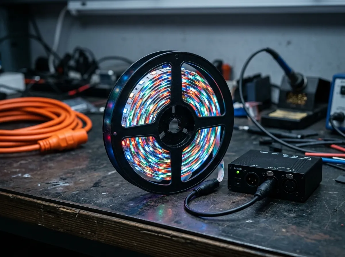 Photorealistic close-up of an addressable pixel LED strip on a spool beside a DMX pixel controller, 12V to 48V strip hardware
