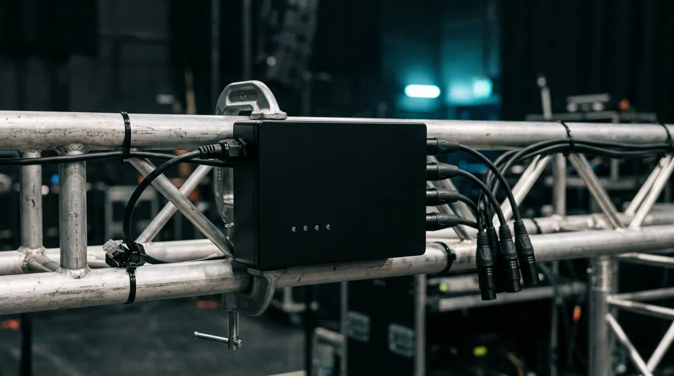 Unmarked black Art-Net network node mounted on a truss, with one Ethernet cable entering and several DMX signal cables leaving