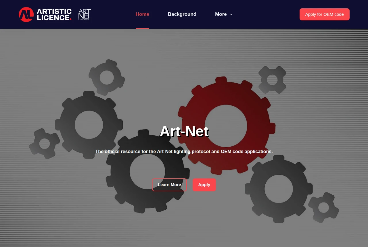 Official Art-Net protocol site: royalty-free licensing, 32,768 universes per network, 500-plus implementing manufacturers