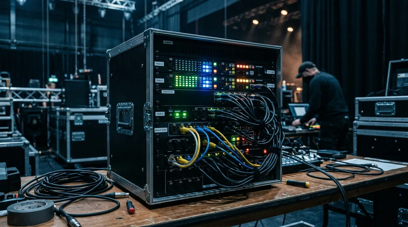 Rack of Art-Net and DMX pixel controllers with signal cabling on a touring lighting production desk