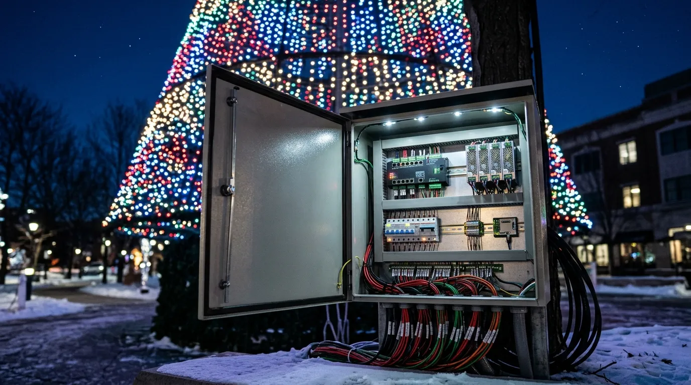 Rendered outdoor LED control cabinet with the door open, showing an Art-Net controller, a bank of power supplies, breakers and cable looms feeding a lit tree behind
