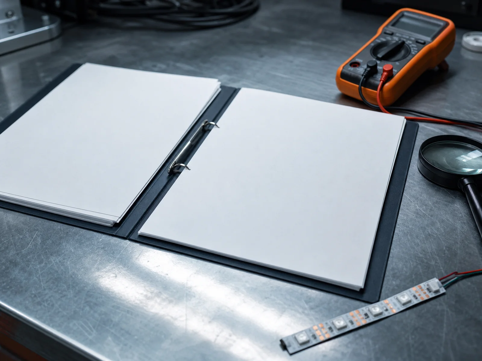 Photorealistic close-up of an open compliance folder with blank test-report pages, a magnifier, a multimeter and a short piece of addressable LED strip on a workbench