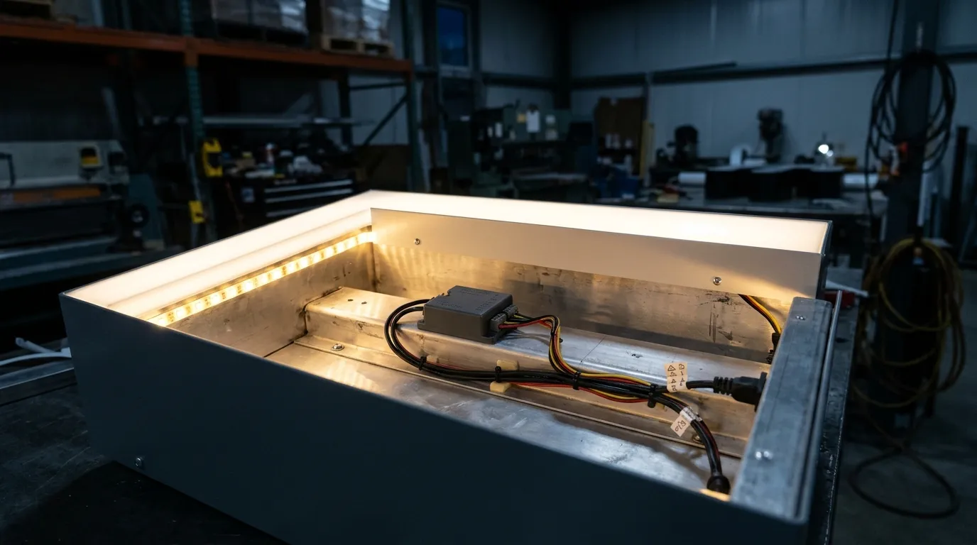 Interior of an aluminium sign housing with LED strip fixed along the inner return, a decoder box on the metal spine and a cable loom taped clear of it