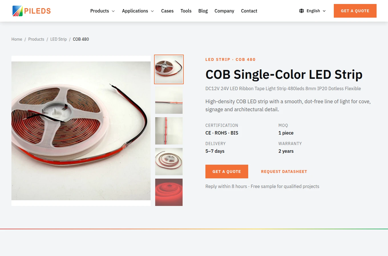 Product page for the PILEDS COB single-colour LED strip showing the reel, density, voltage and ingress options