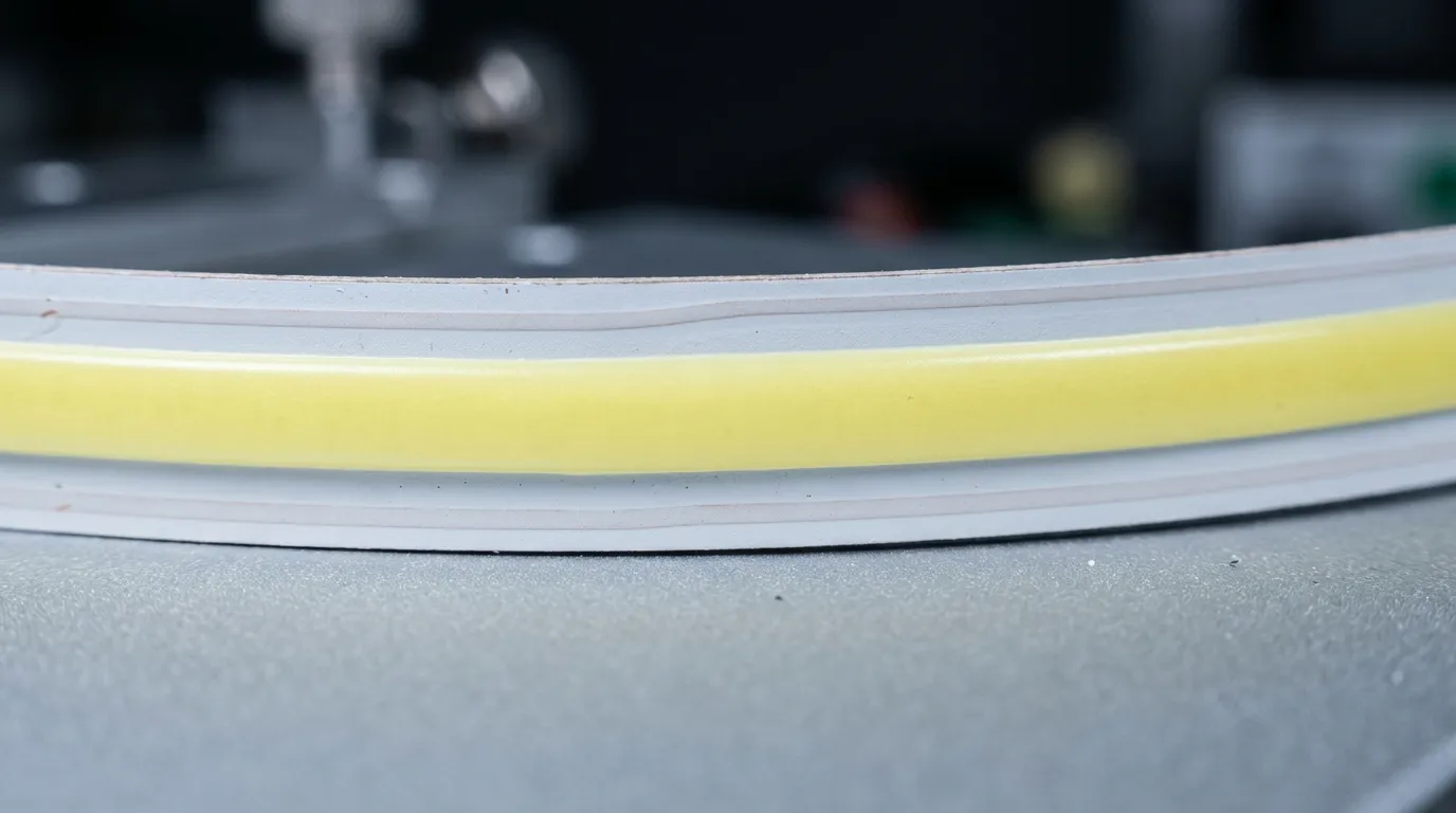 Macro of a COB strip: one continuous pale phosphor band along the board, no packages and no gaps
