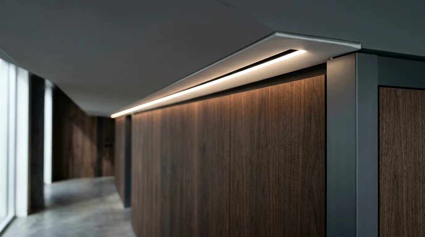 Shallow ceiling reveal above a dark timber wall, a continuous even line of light with no visible dots