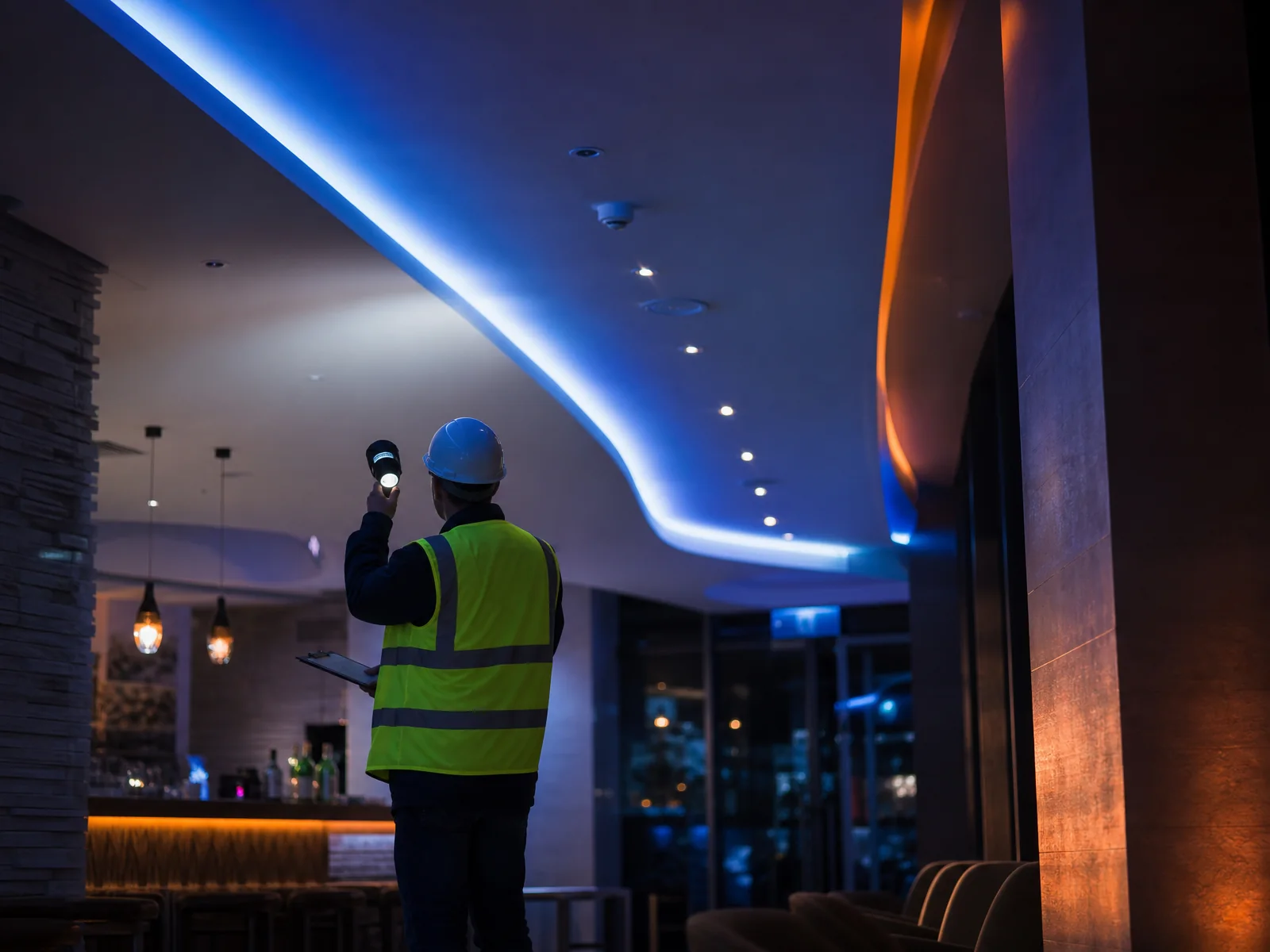 Photorealistic view of an electrical inspector with a work lamp checking a ceiling run of LED strip lighting in a commercial venue