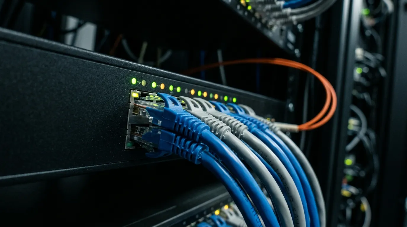 Managed Ethernet switch with glowing port LEDs and bundled Cat6 cables in a touring rack