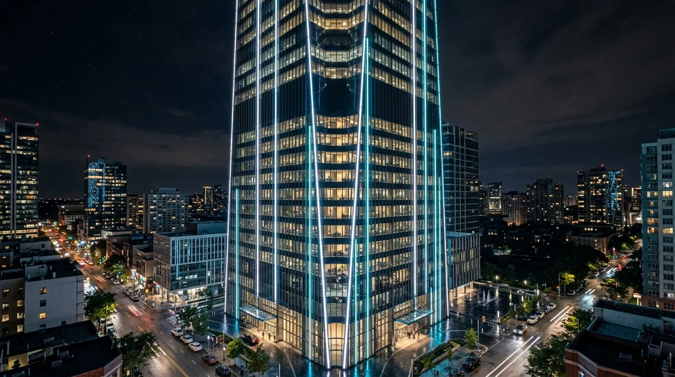 Long vertical runs of LED pixel strip with power junction boxes on a tall building facade at night