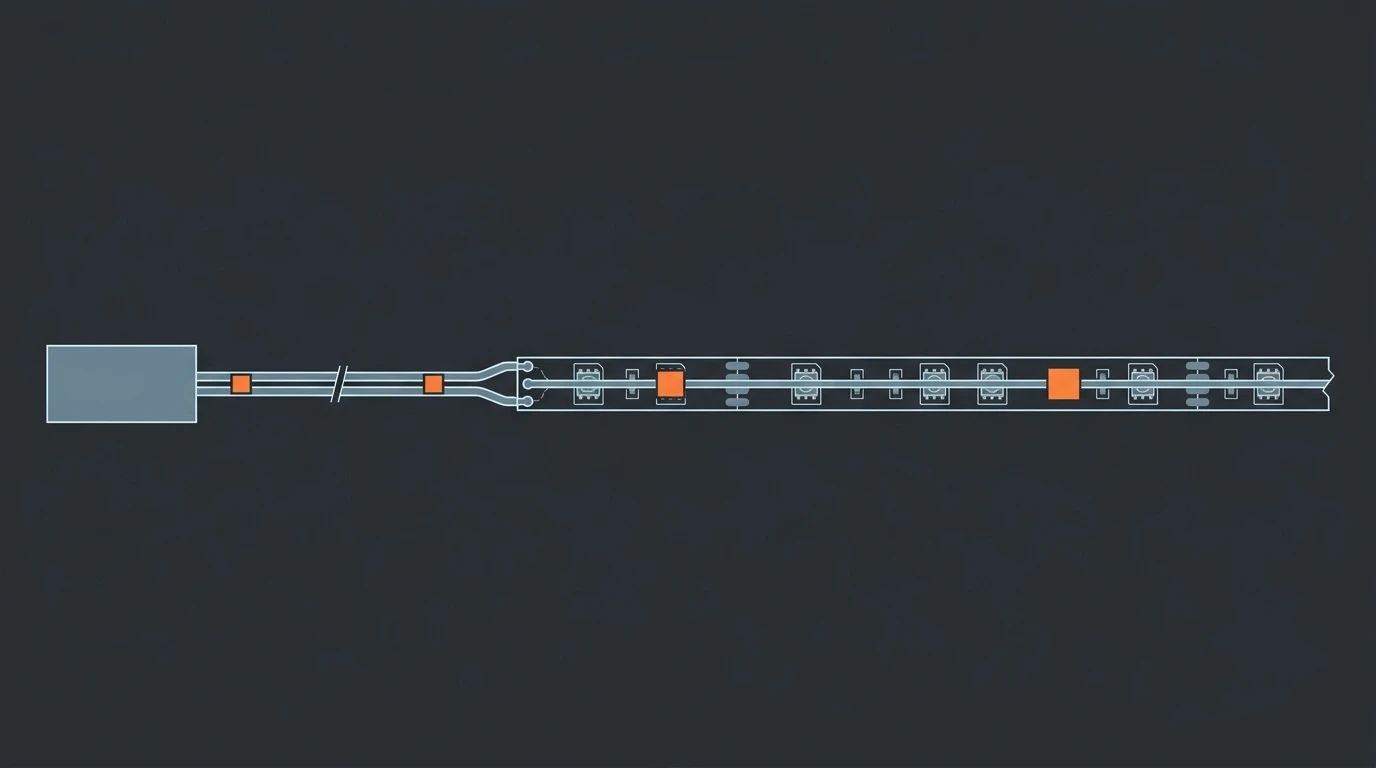 Line-art schematic of a long pixel LED strip run showing a power supply, feeder cable, solder joint and the strip's copper bus with the dominant resistance marked