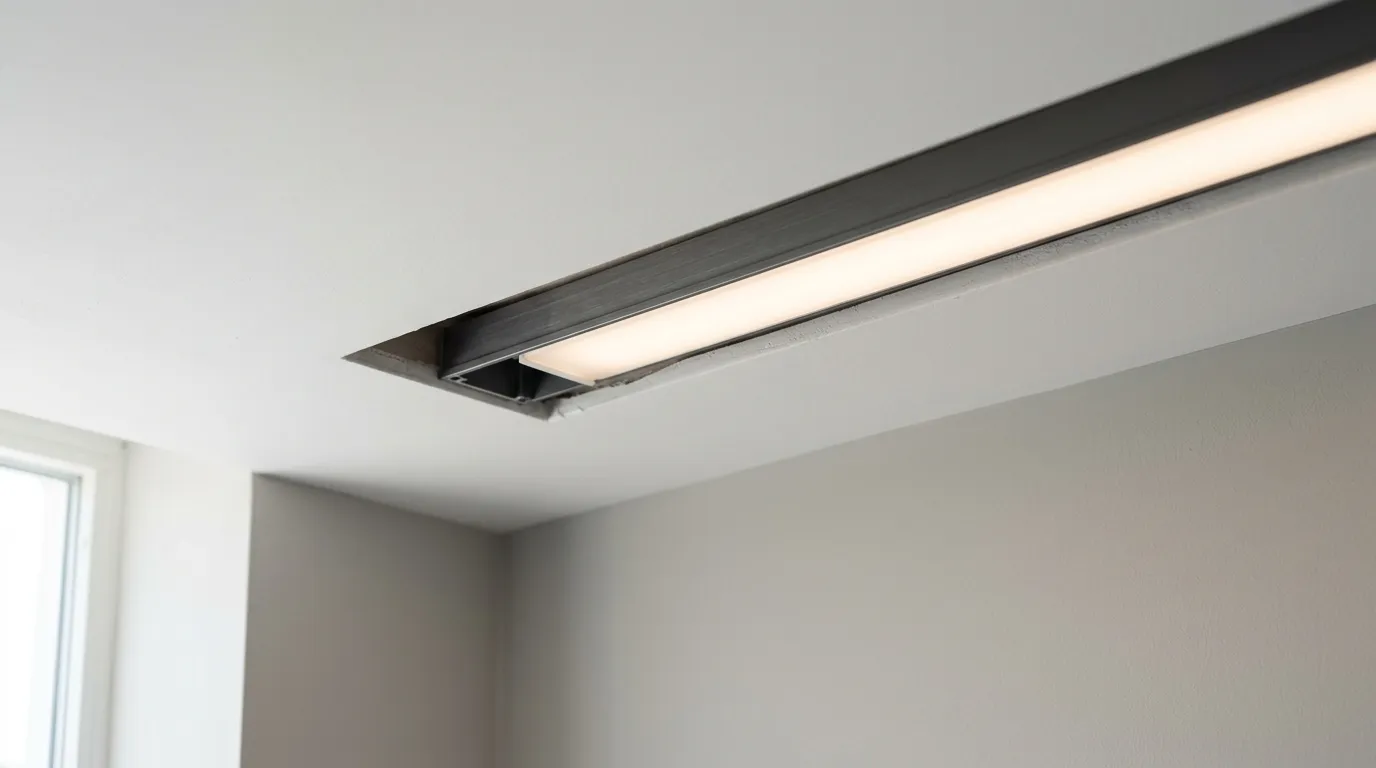Deep recessed ceiling channel with a frosted diffuser clipped over it, glowing as one even band