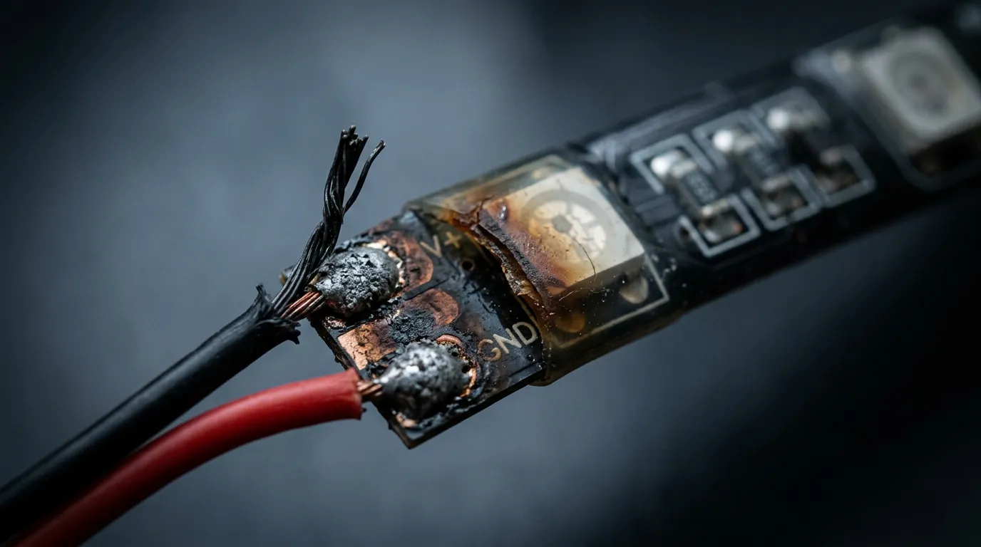 Illustration (AI-generated): macro view of a degraded mid-run power tap, with oxidized solder, a frayed conductor and heat-discolored copper on the strip pad