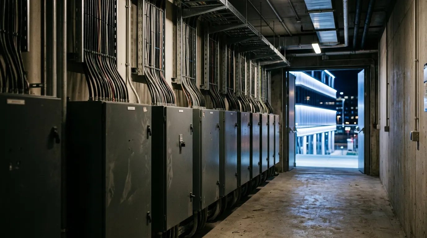 Control cabinets with organized cable looms feeding DMX runs out toward a facade
