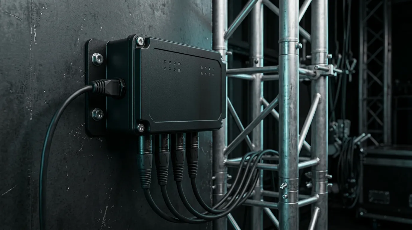 Black DMX and Art-Net gateway node on a wall with one Ethernet cable in and four XLR outputs