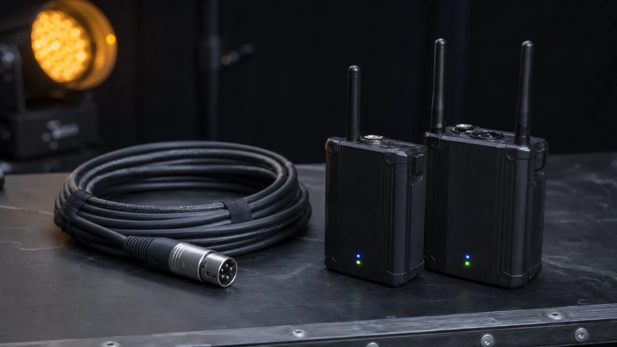 A coiled shielded DMX cable and XLR connector lying beside a wireless DMX transmitter and receiver pair on a dark workbench