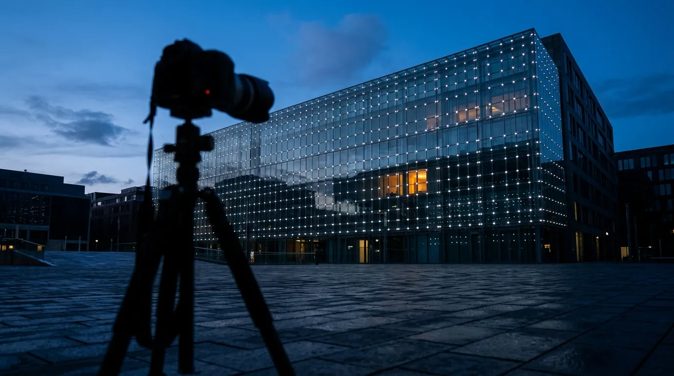 Facade grid of LED point lights photographed from across a plaza with a camera on a tripod in the foreground