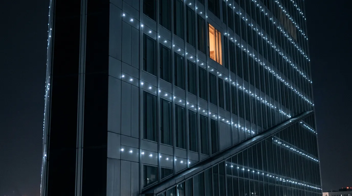 Curtain wall at night with rows of point lights following the mullion lines, the grid stopping at the dark structural edge