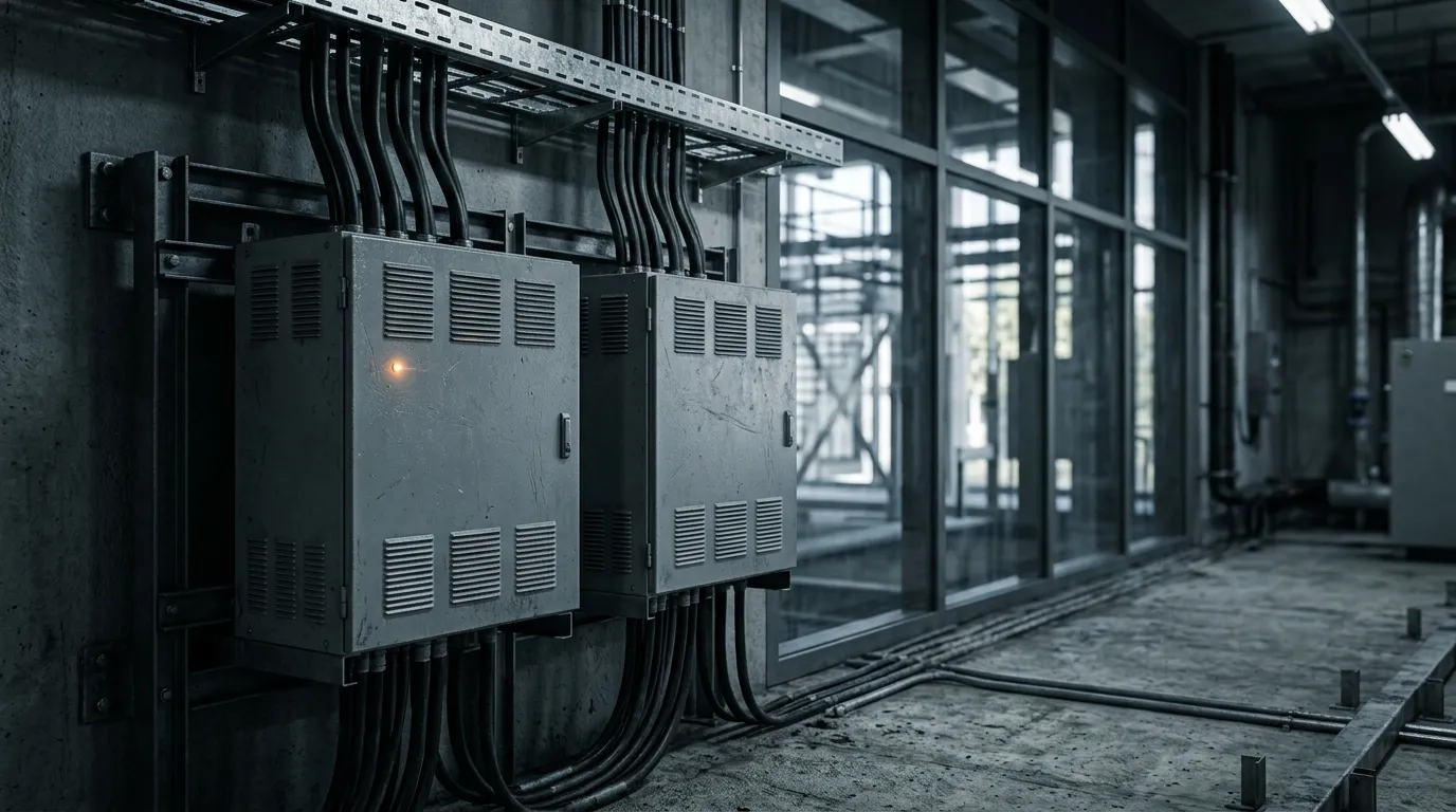 Grey DC power supply cabinets on a steel frame with black cables running up a cable tray toward the facade
