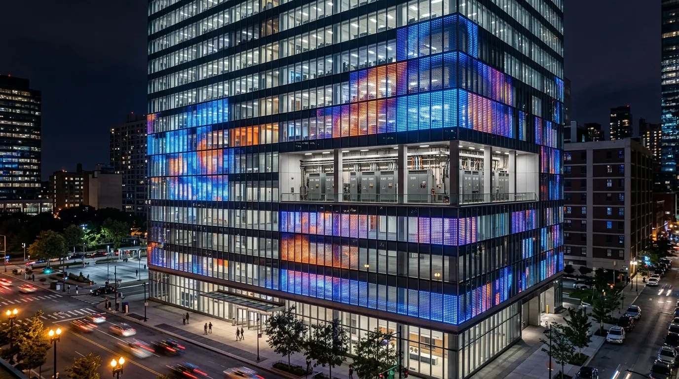 Night view of a high-rise curtain wall facade with per-zone LED power distribution cabinets and pixel lighting
