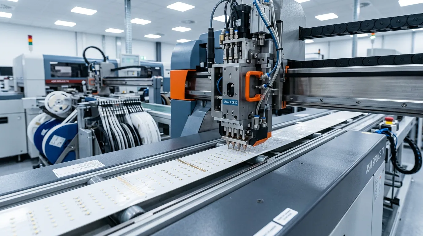 Photorealistic SMT pick-and-place machines populating an LED strip PCB on a clean factory line, capacity evidence for vetting a China LED supplier