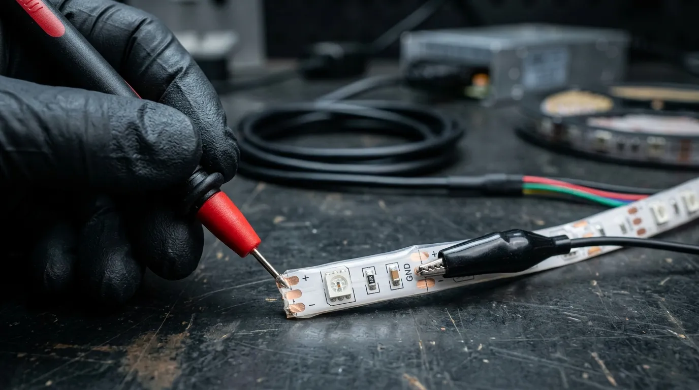 Close-up of a gloved hand holding a probe on the copper power pad at the far end of a pixel LED strip on a workbench