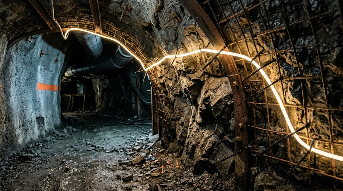 Flexible LED strip strapped over an uneven rock arch, surviving impact and vibration underground