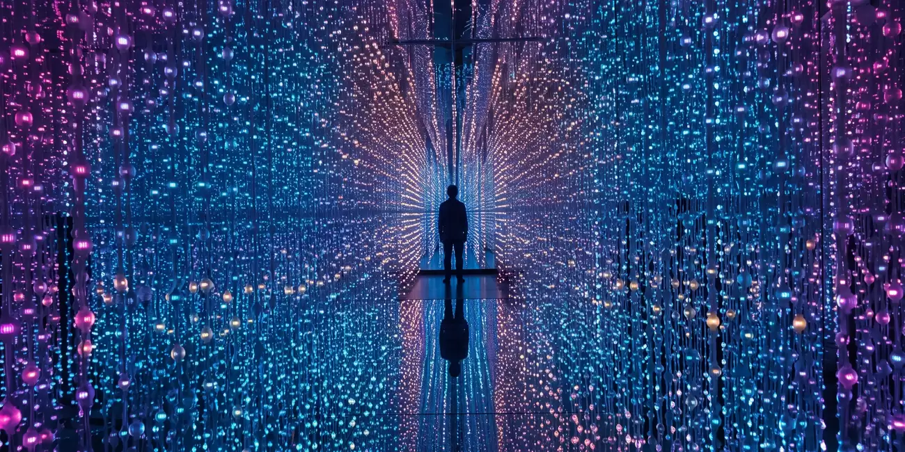 Delivered mirrored exhibition room filled with 46,000 globe points, photographed after hand-over