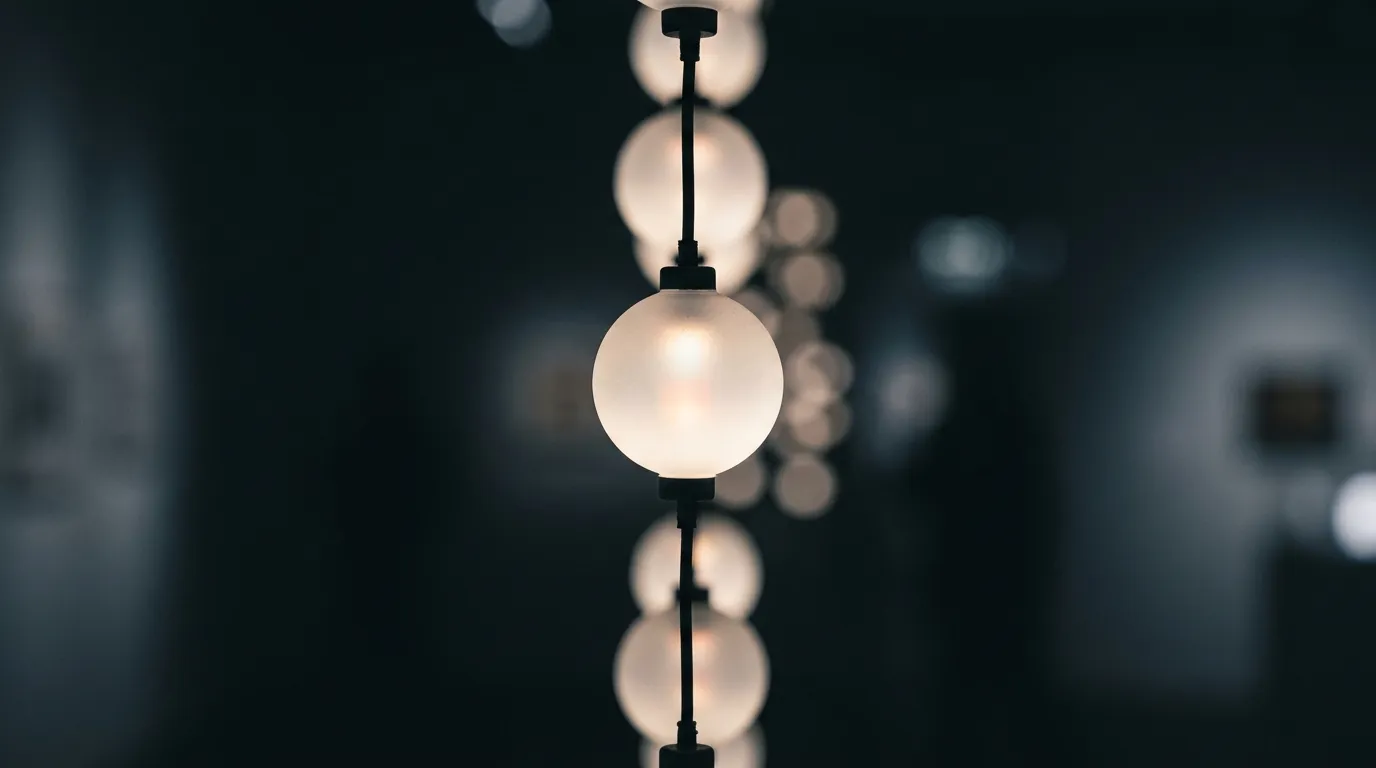 Close view of one 50 mm globe point emitting light in all directions inside a dense vertical string