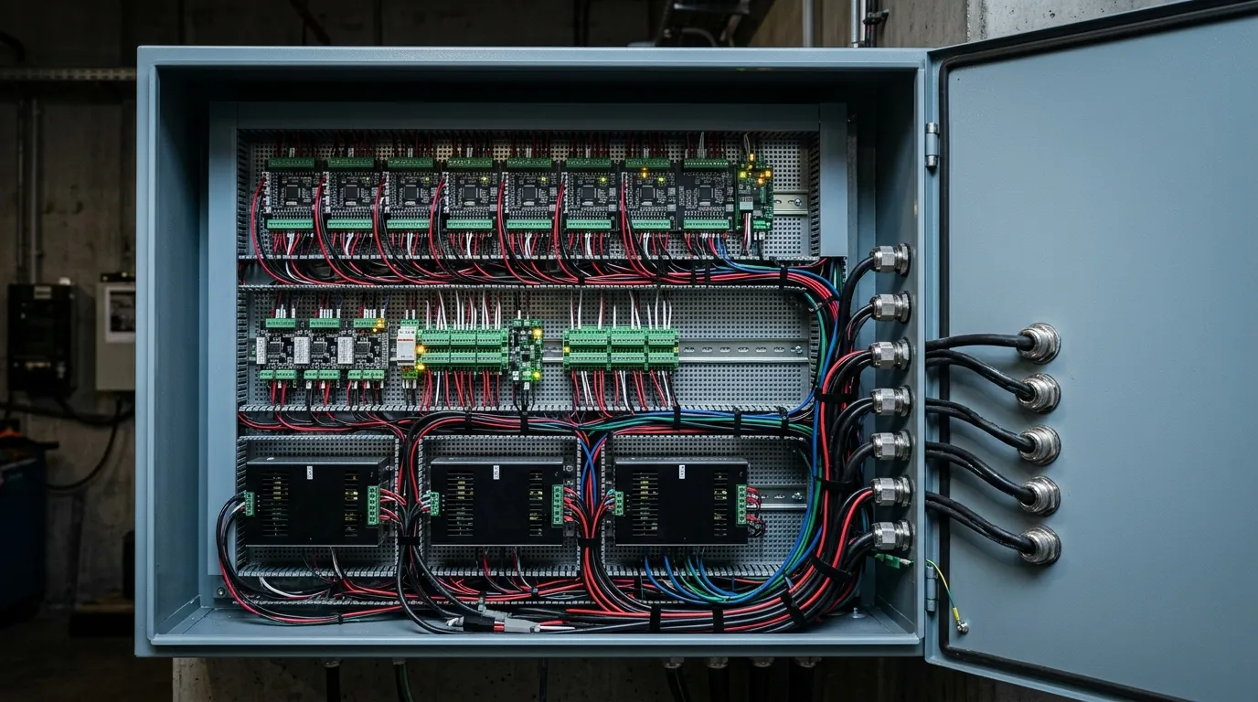 Scale illustration of the control and power cabinet feeding a large addressable globe point installation
