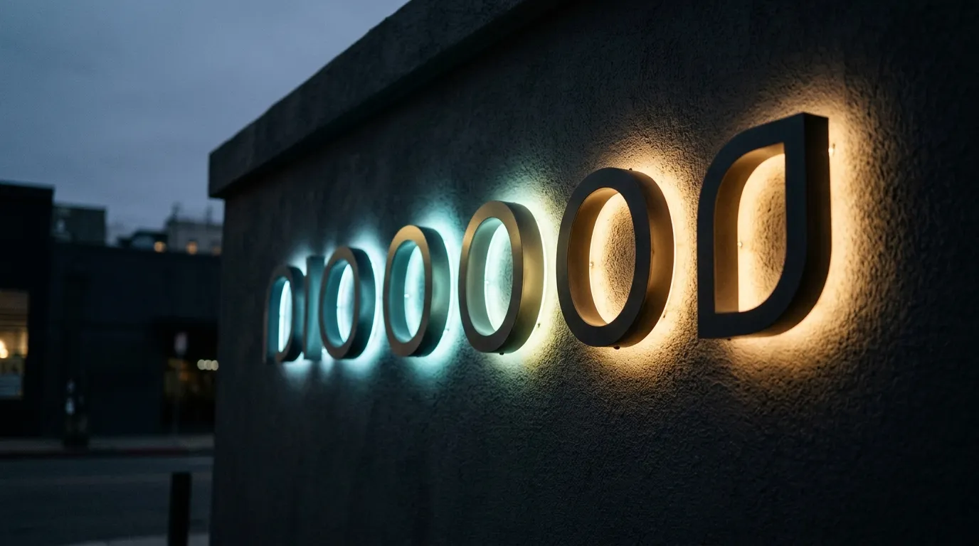 Halo-lit channel letters on a dark wall at dusk, lit from behind so the glow spreads evenly, with a cool-to-warm gradient across the letter faces