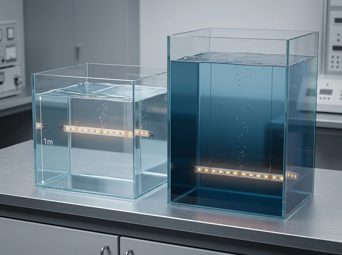 Two glass test tanks side by side, one shallow with an LED strip suspended at one metre depth and a deeper tank with the same strip submerged further down