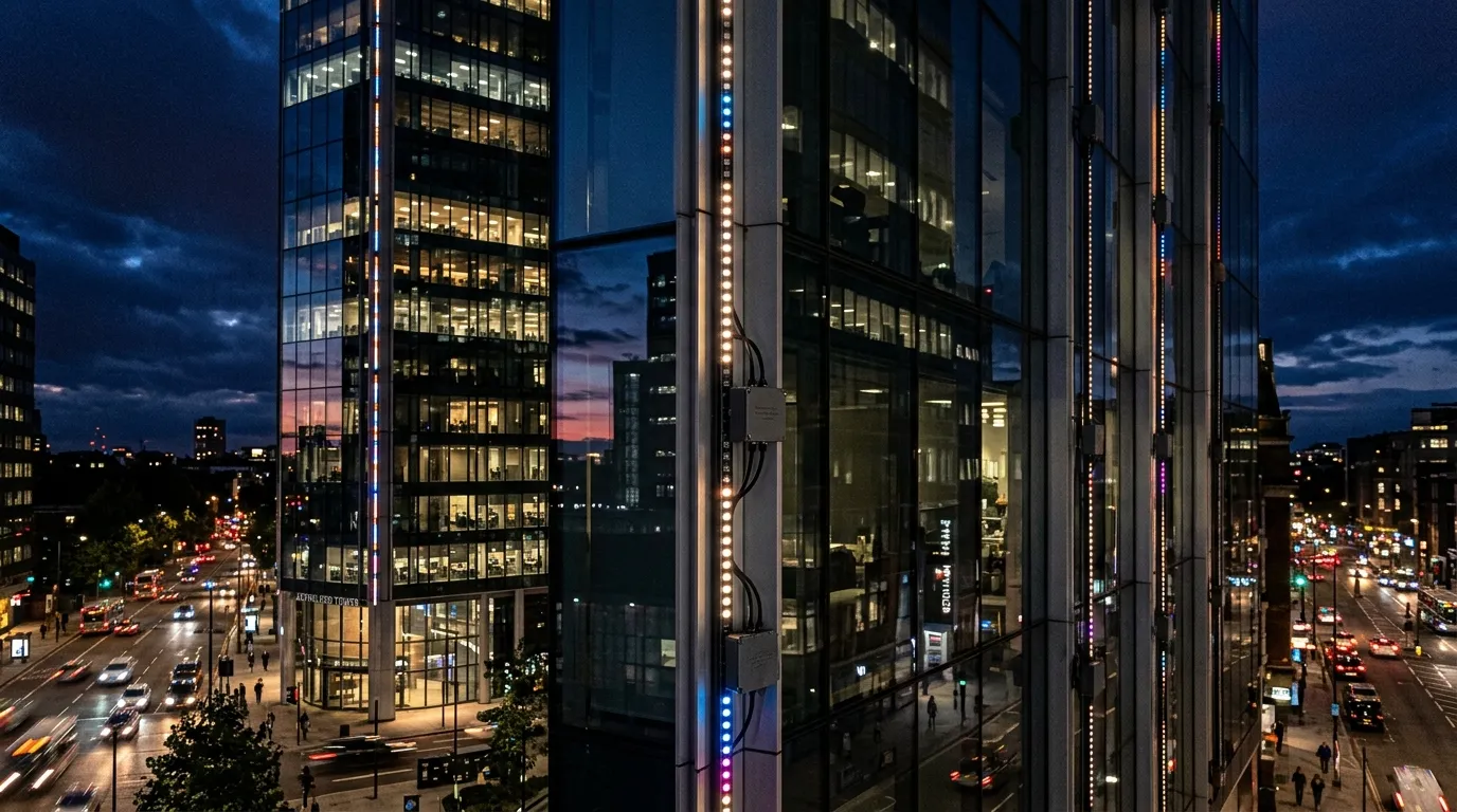 Power injection junction boxes spaced along a pixel LED strip run on a curtain wall mullion at night