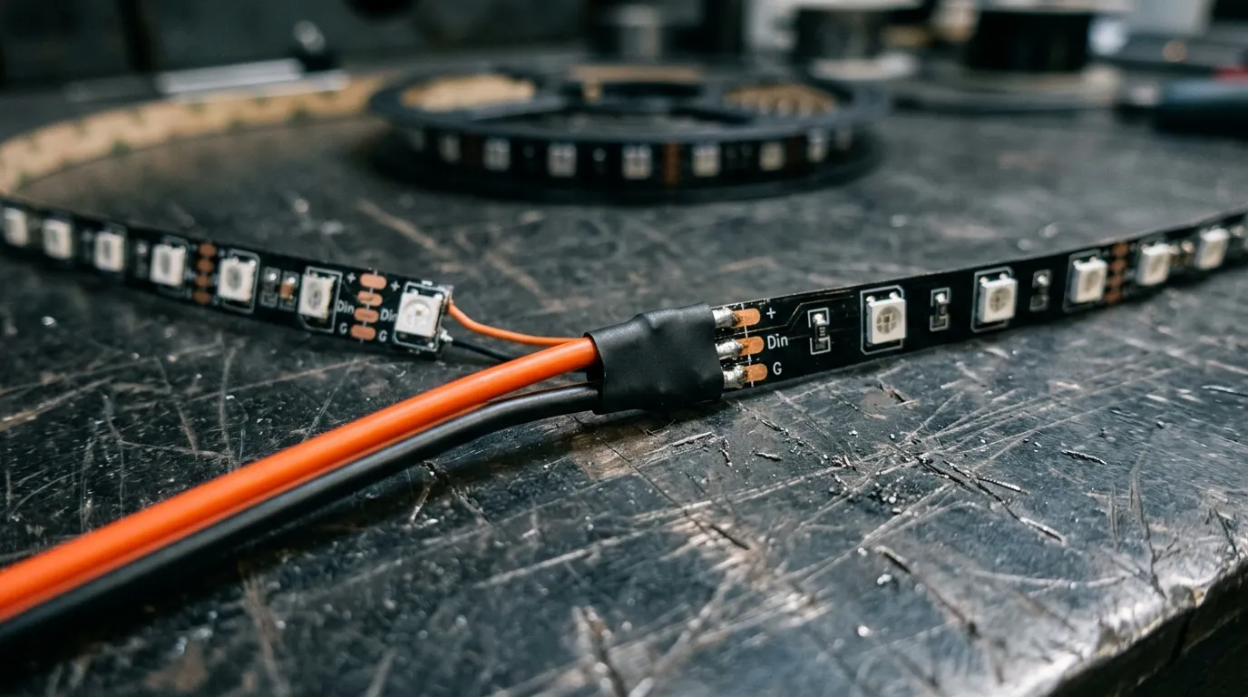 Macro photograph of a mid-run power tap where a two-conductor feed cable is soldered onto the copper pads of a pixel LED strip