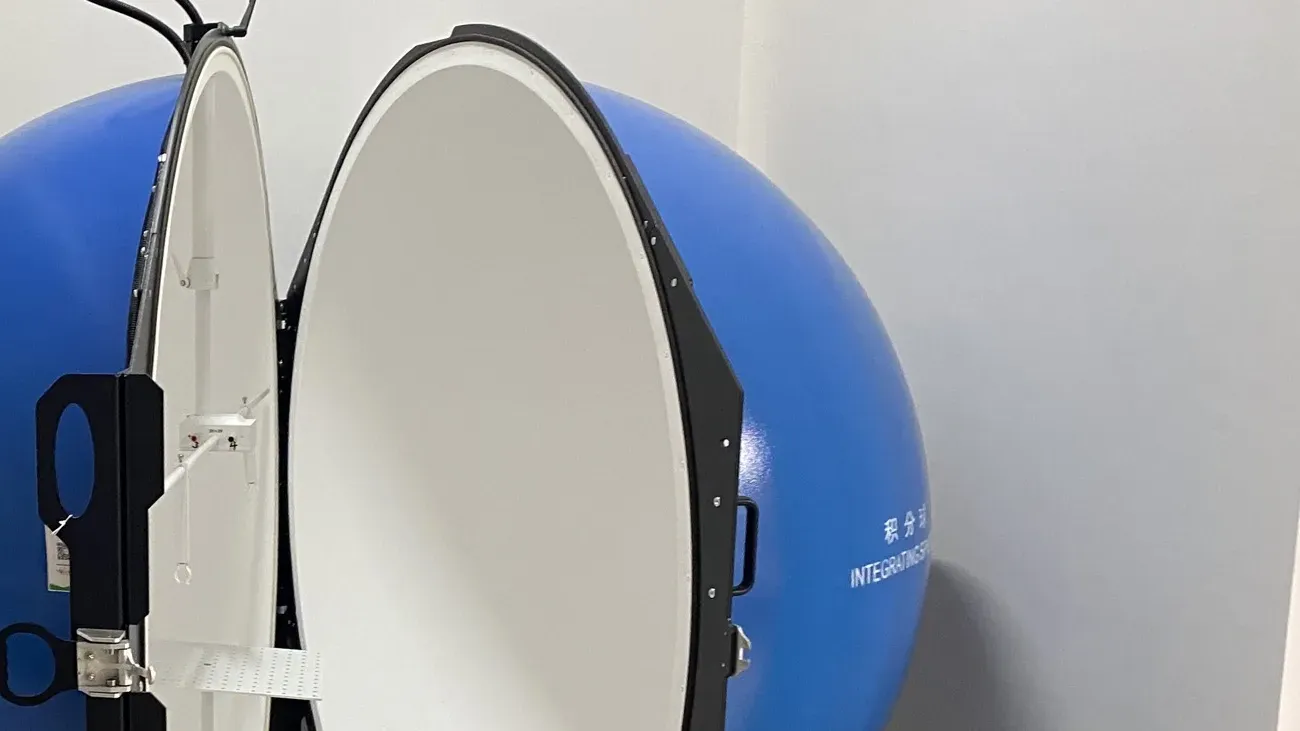 A blue integrating sphere in the manufacturer's test room, the instrument used to measure color and output per production batch