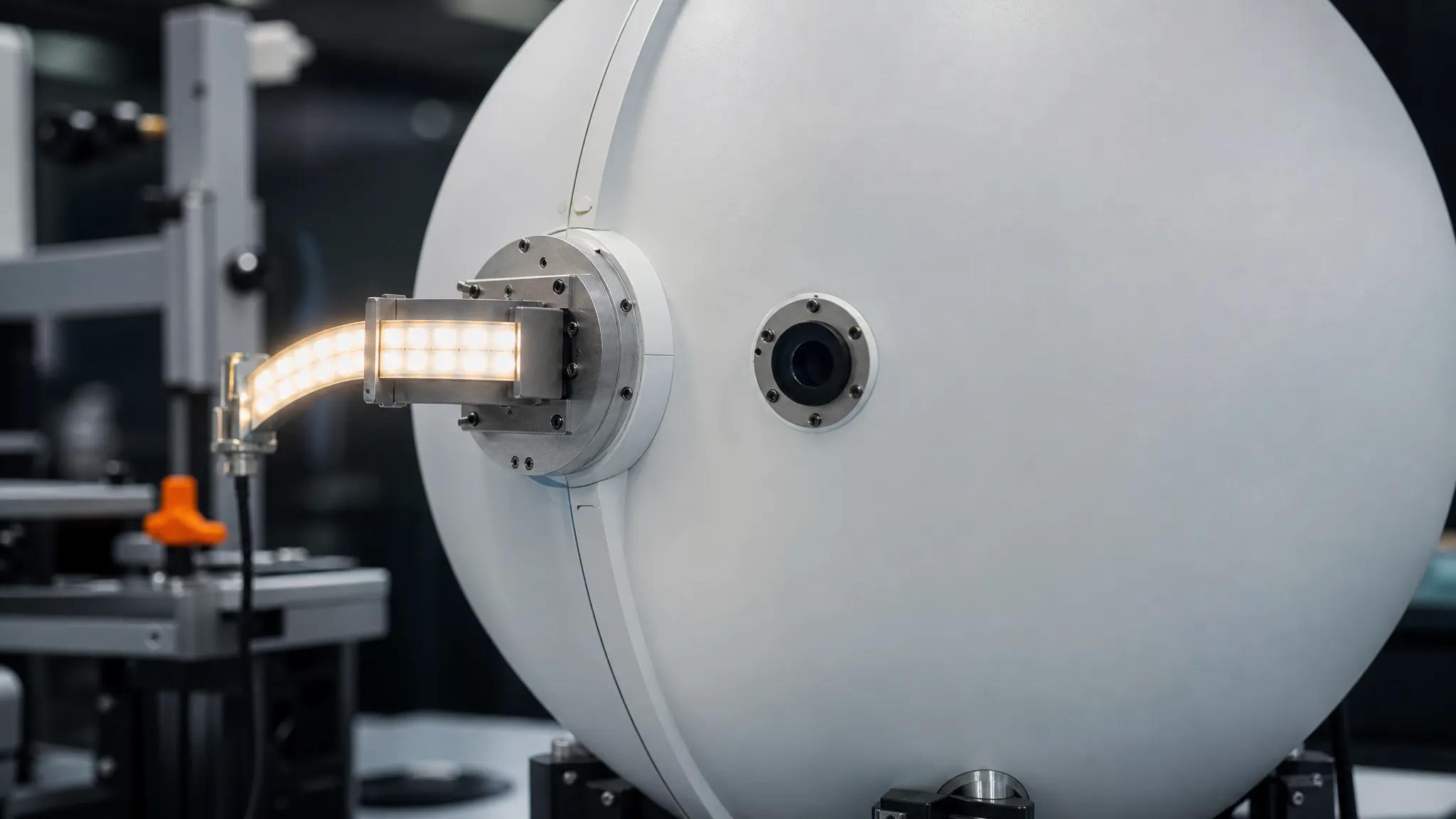 A coated LED strip sample mounted inside a large white integrating sphere in a metrology laboratory, with a spectroradiometer port visible on the sphere wall