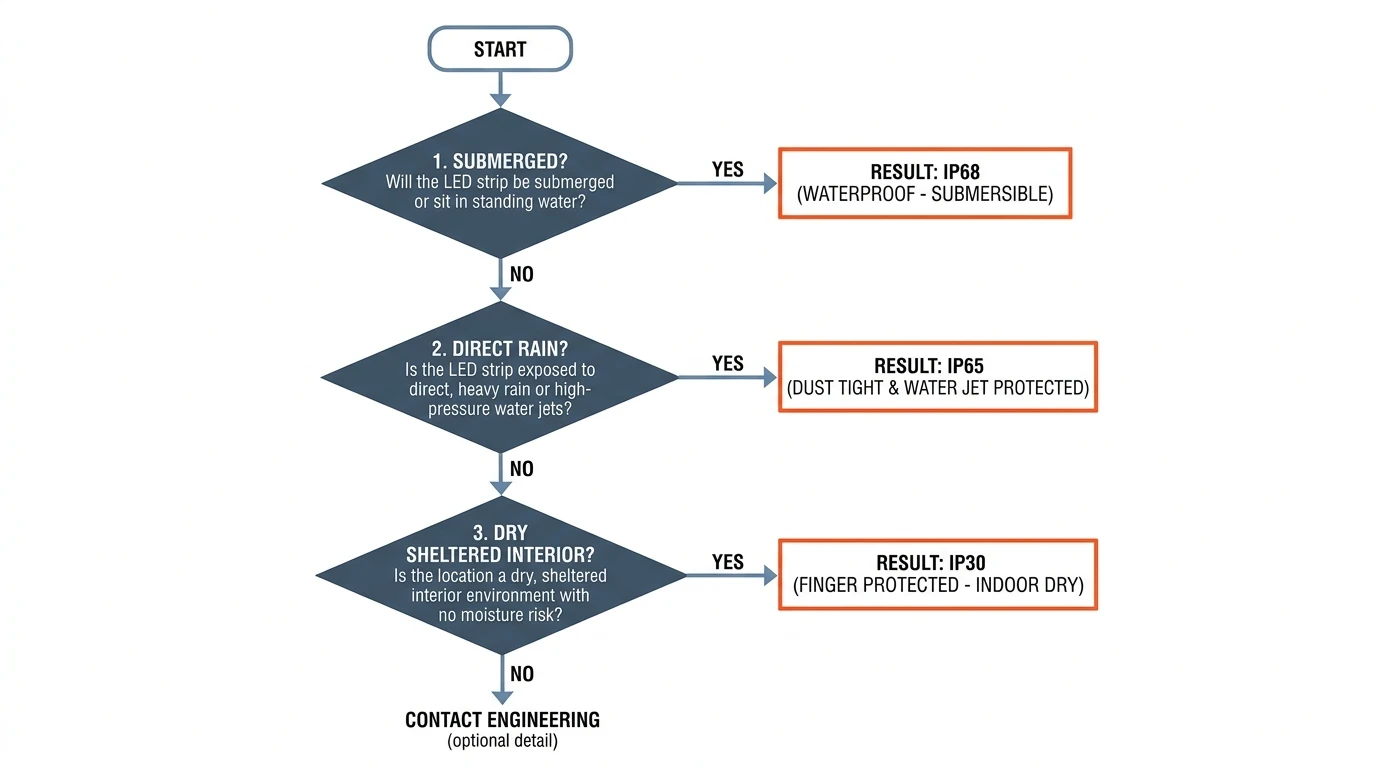 Decision flowchart for pixel LED strip IP rating selection, mapping submersion, direct rain, and dry interior conditions to IP68, IP65, and IP30