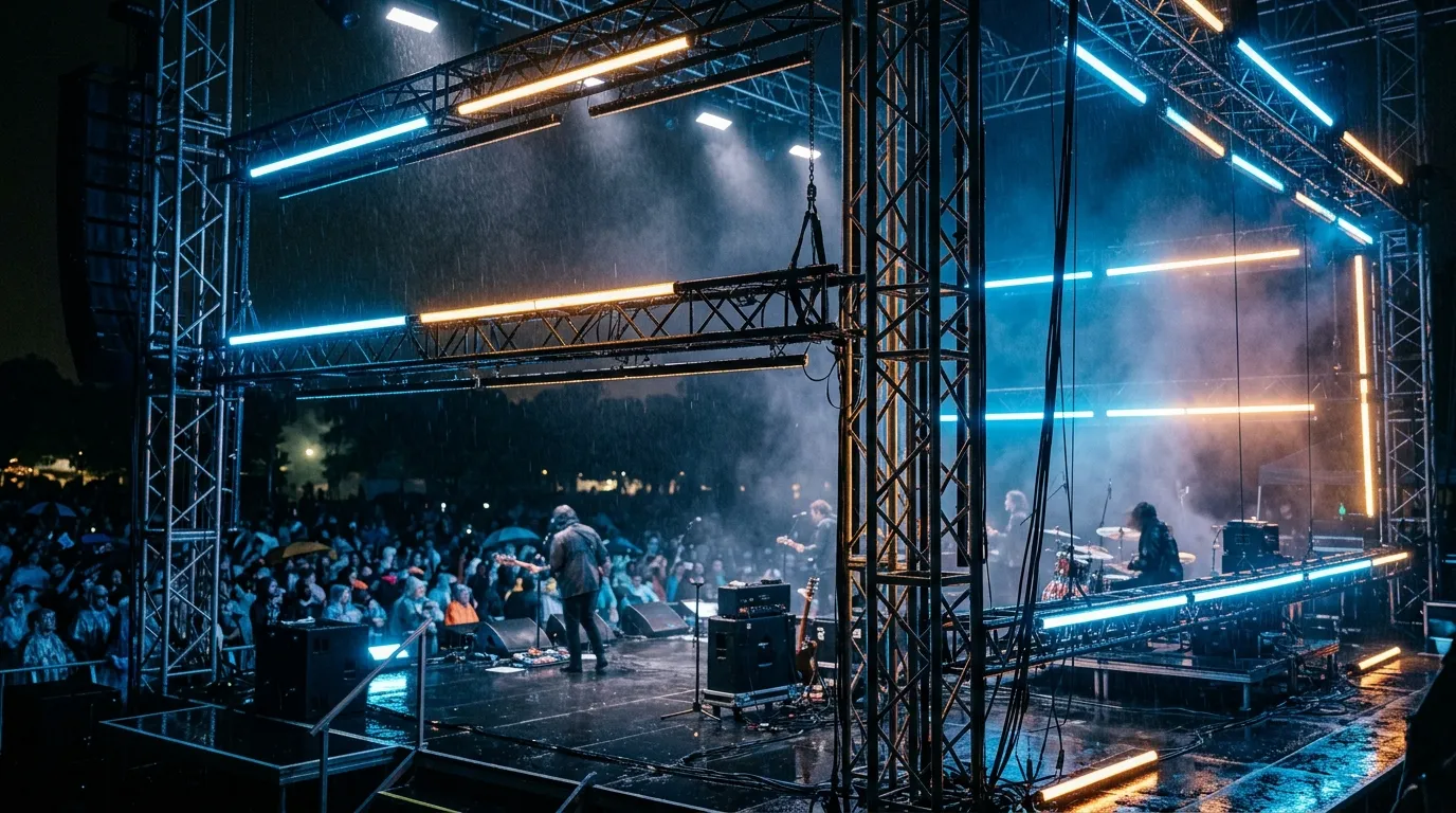 Outdoor festival stage with IP-rated pixel LED tubes lit in rain, demonstrating weatherproof stage lighting with LED