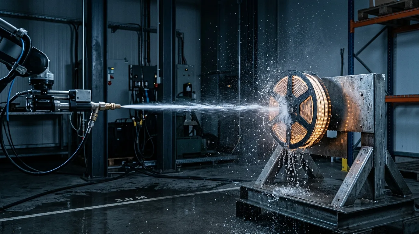 Water jet nozzle spraying a waterproof LED strip sample in an IPX5 ingress protection test — the low-pressure jet test behind IP65 ratings