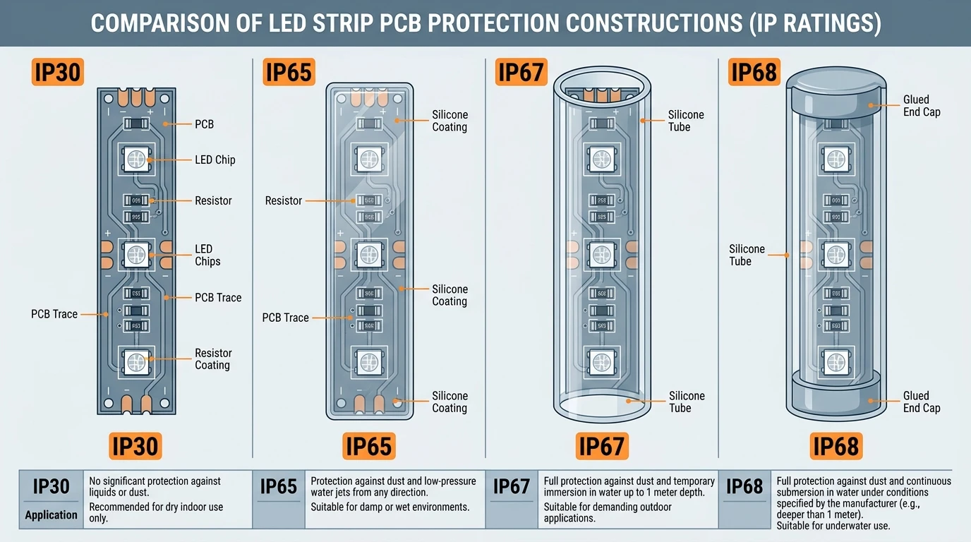 Cross-section illustration of the same LED strip PCB in four protection constructions: bare board, silicone coating, silicone tube, and sealed tube with potting