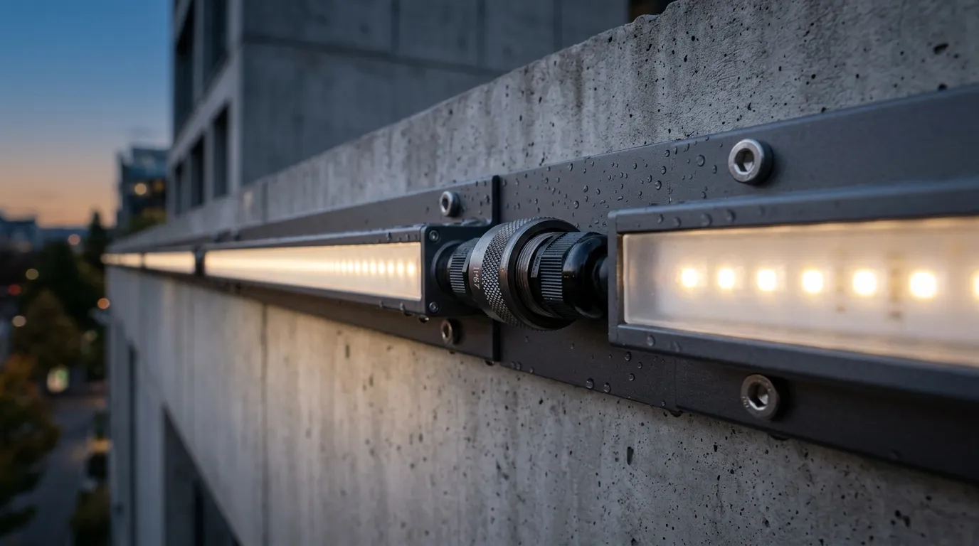 Sealed IP-rated connector joining two segments of an outdoor linear wall washer profile