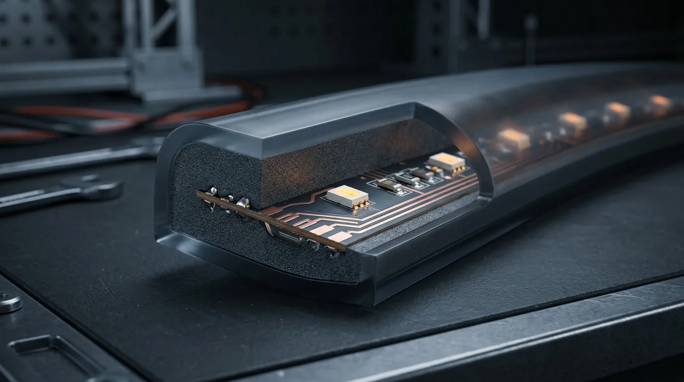 Cross-section of an IP68 LED strip showing silicone encapsulation, potting compound and PCB layers — the construction that makes continuous immersion ratings possible