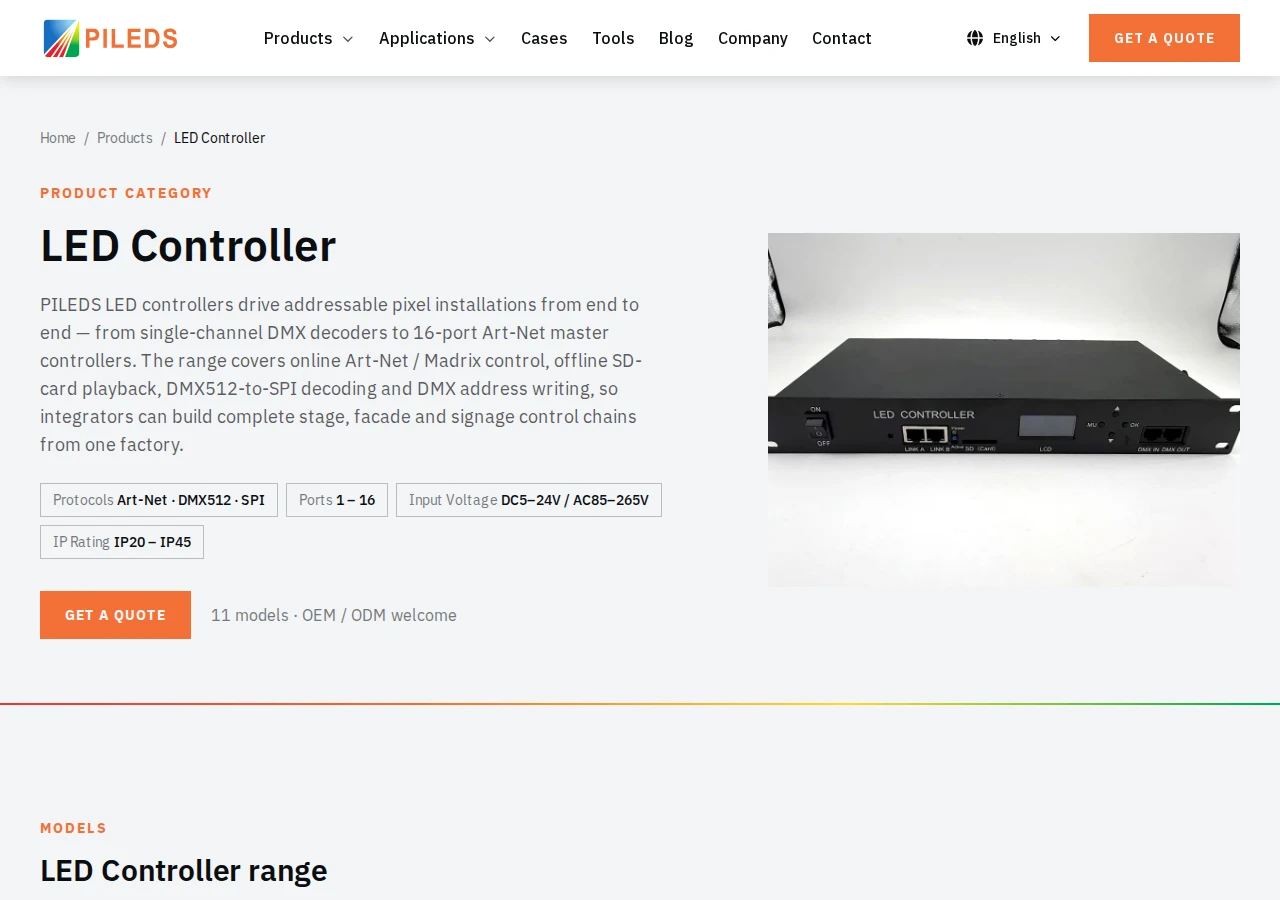 PILEDS controller category page listing Art-Net, DMX and SPI controllers and decoders, from single-output to 16 ports