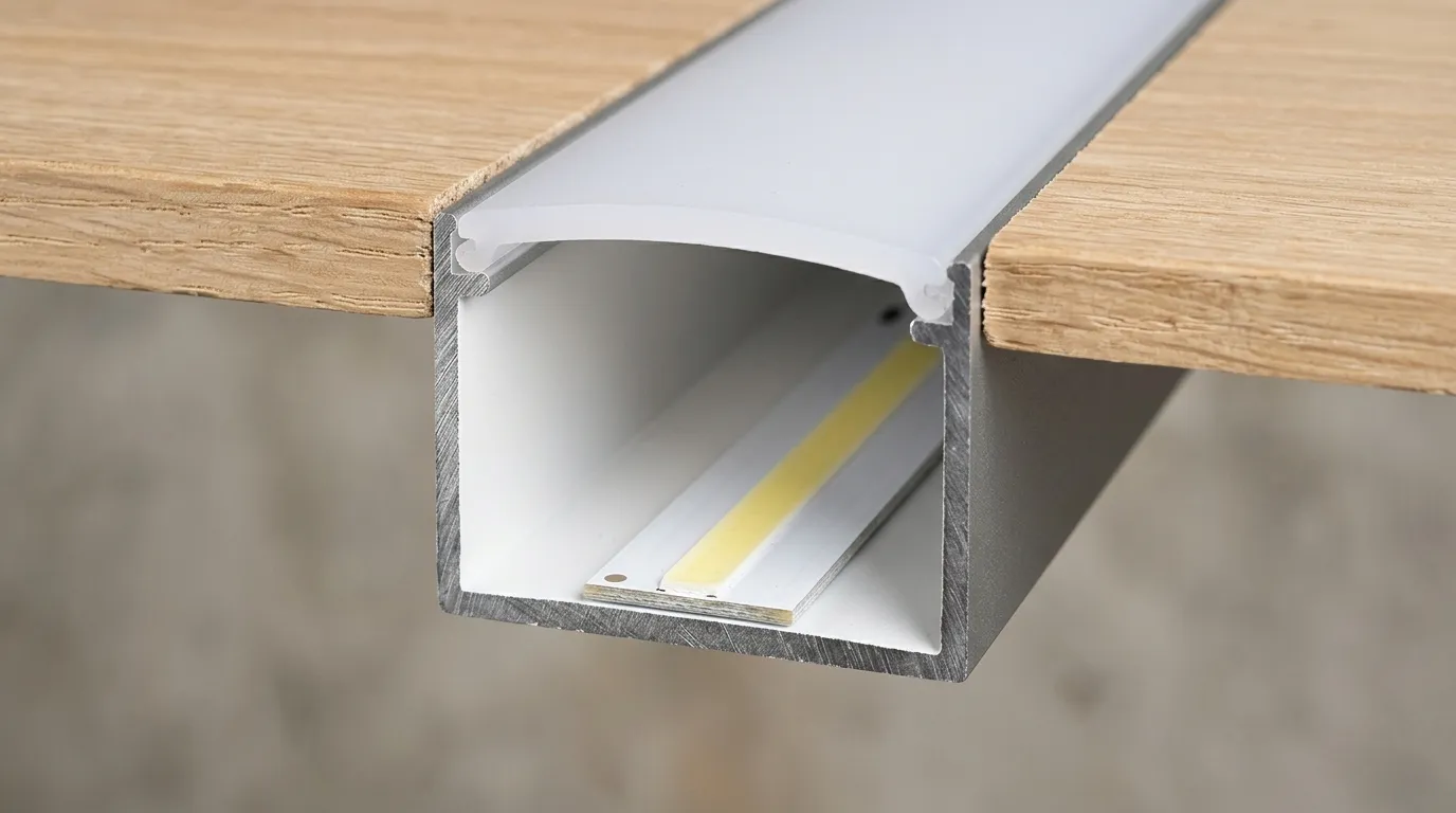 Cross-section of an aluminium profile under a shelf: strip on the channel floor, frosted diffuser clipped above it, a clear air gap in between