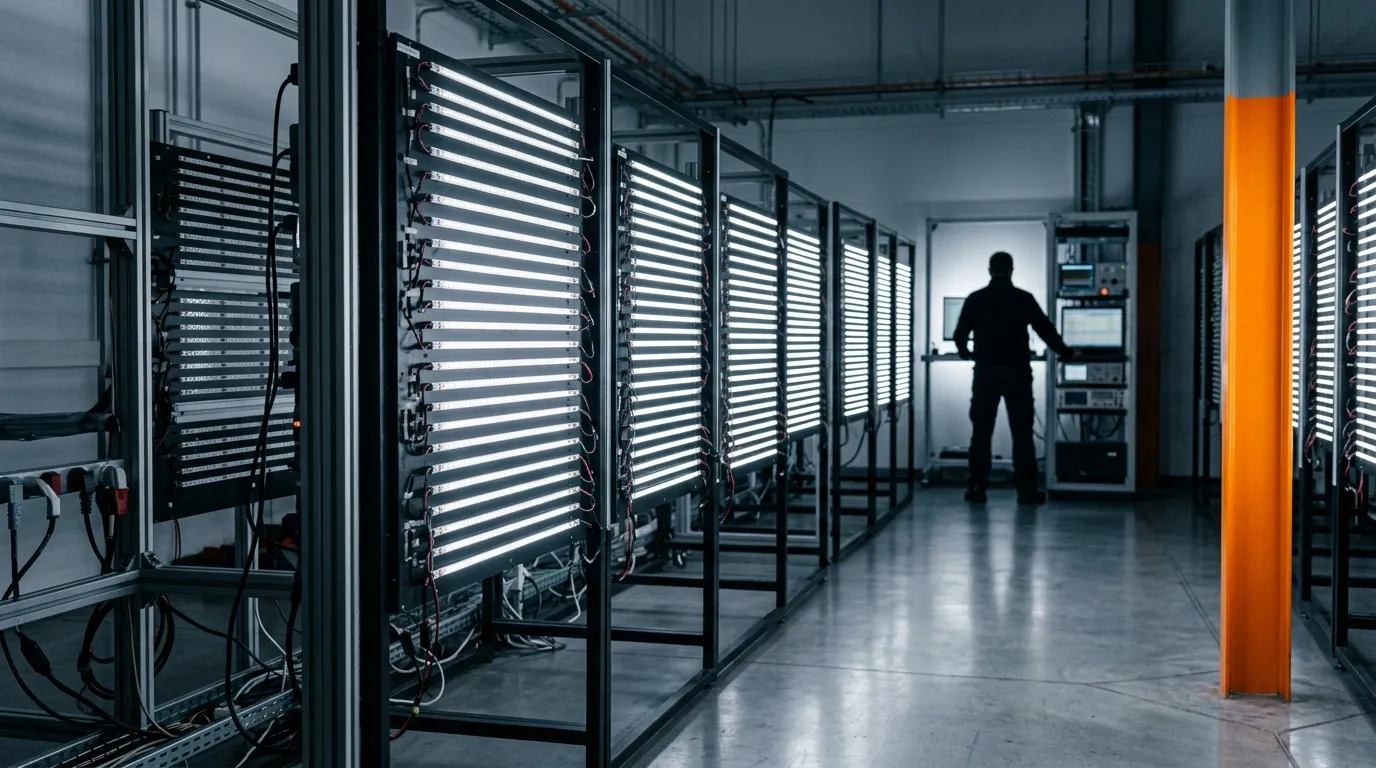 Photorealistic LED strip aging test racks with rows of strips glowing evenly in a factory QC room, certificate-grade quality control in action
