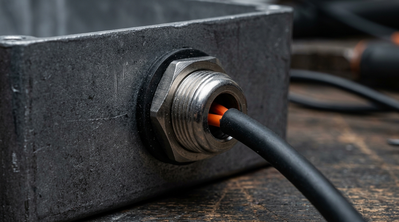 A metallic cable gland threaded into an aluminium driver enclosure with a black cable passing through and the locking nut tightened against the wall