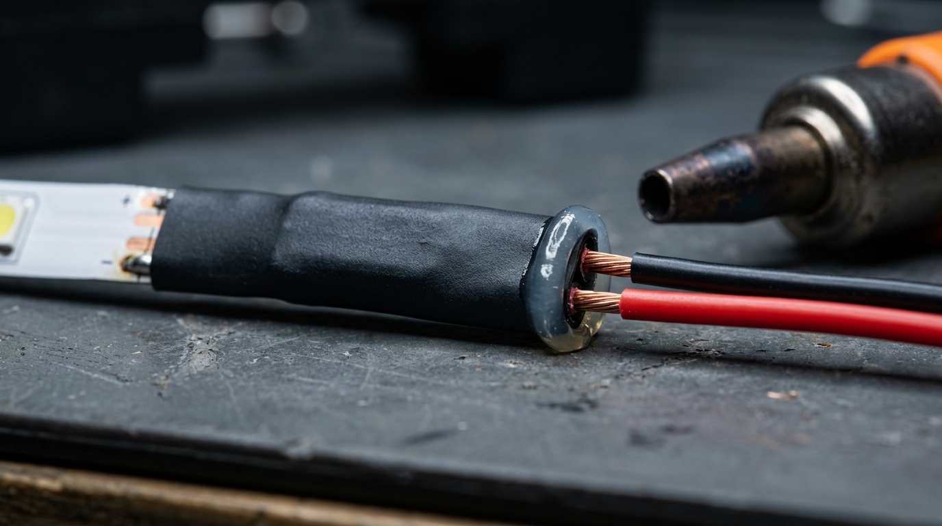 A black adhesive-lined heat-shrink sleeve shrunk over the soldered joint between an LED strip and two power wires, with melted adhesive squeezed out at the sleeve edge