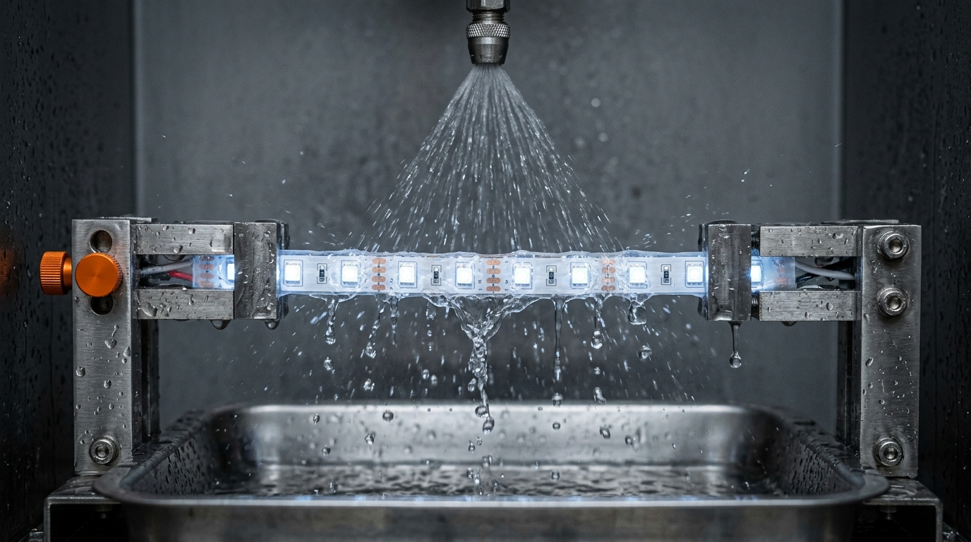 An encapsulated LED strip clamped on a stainless-steel test rig inside a grey test booth while a fan of water sprays down onto it from a nozzle above and sheets off into a tray